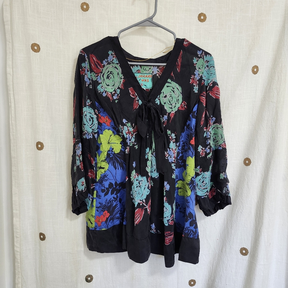 Johnny Was Black and Green Floral Top